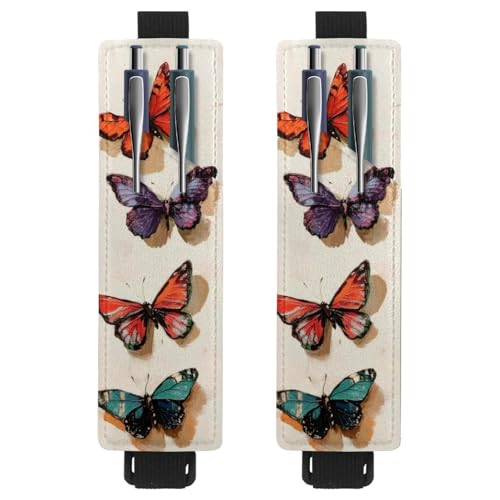 VAPOKF 2 Stück verstellbarer elastischer Stifthalter für Notizbuch, PU-Leder-Stifthalter, Stifteetui für Hardcover-Zeitschriften, Bücher, Planer, Ordner, Tablets – bunter Schmetterling von VAPOKF