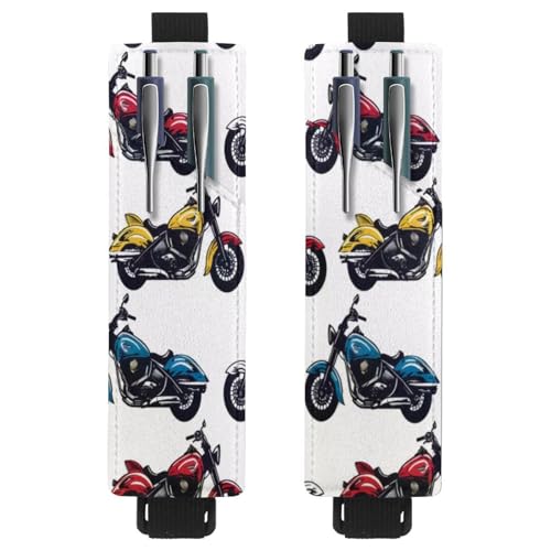VAPOKF 2 Stück verstellbarer elastischer Stifthalter für Notizbuch, PU-Leder-Stifthalter, Stifteetui für Hardcover-Zeitschriften, Bücher, Planer, Ordner, Tablets – buntes Motorrad von VAPOKF