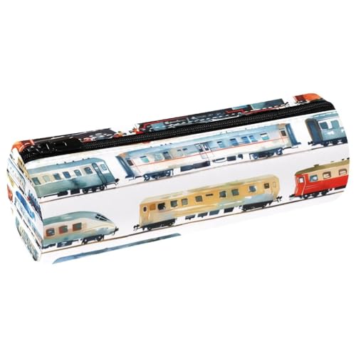 VAPOKF Aquarell-Federmäppchen mit Eisenbahn-, Auto- und Zug-Druck, PU-Leder-Stifttasche, Studenten-Schreibwaren-Organizer-Tasche, Make-up-Tasche für Damen, Mädchen, Jungen, Kinder, Schule, Bürobedarf von VAPOKF