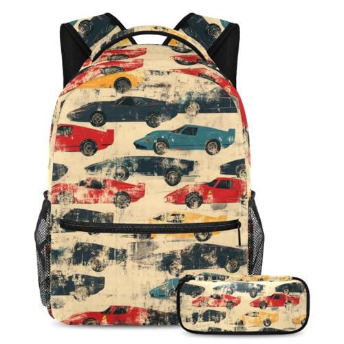 VAPOKF Buntes Grunge-Rennwagen-Schulranzen-Set für Teenager, Mädchen, Jungen, Kinder, Schüler-Büchertasche, Rucksack mit Federmäppchen für die Grundschule, multi, Einheitsgröße, Schulranzen-Set von VAPOKF