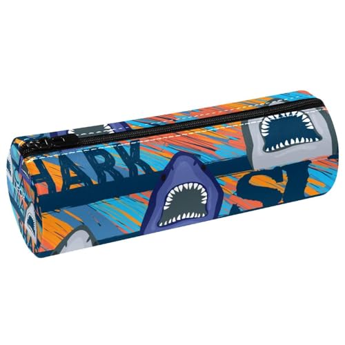 VAPOKF California Sharks on Grunge Stipe Leather Barrel Pen Case Coin Purse Cosmetic Makeup Bag for Student Stationery School Office Storage, multi, 20x6.3cm/7.9x2.5in, Federmäppchen von VAPOKF