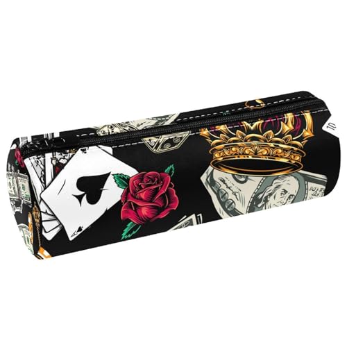 VAPOKF Casino Bills Chips Federmäppchen mit Krone und Rose, PU-Leder, Stiftetasche, Studenten, Schreibwaren, Organizer, Tasche, Make-up-Tasche für Damen, Mädchen, Jungen, Kinder, Schule, Bürobedarf von VAPOKF