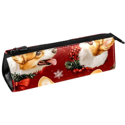 VAPOKF Christmas Corgi Stifteetui mit Kiefernblatt-Motiv, Schreibwarenbeutel, Kosmetiktasche, kompakte Reißverschlusstasche von VAPOKF