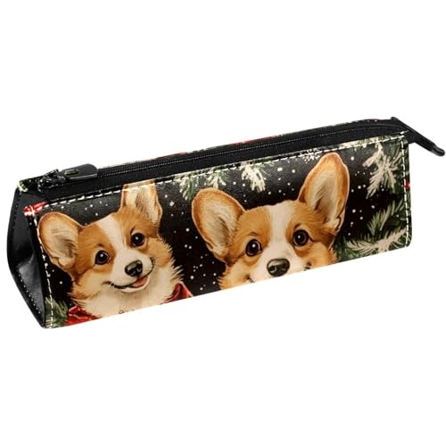 VAPOKF Christmas Corgis Federmäppchen mit roten Beerenglocken, Schreibwaren-Tasche, Kosmetiktasche, kompakte Reißverschlusstasche von VAPOKF