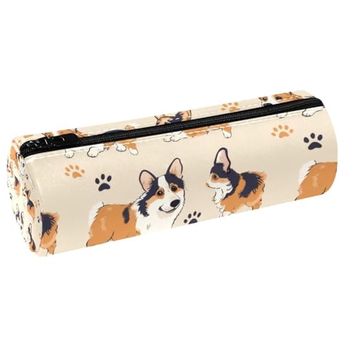 VAPOKF Corgi Federmäppchen aus Leder, Motiv: Hunde und Pfotenabdrücke, Münzfach, Kosmetiktasche, Make-up-Tasche für Studenten, Schreibwaren, Schule, Büro von VAPOKF