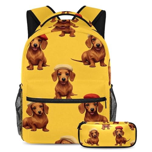 VAPOKF Dachshund Wear Baskenmützen-Schulranzen-Set für Teenager, Mädchen, Jungen, Kinder, Schüler-Büchertasche, Rucksack mit Federmäppchen für die Grundschule von VAPOKF
