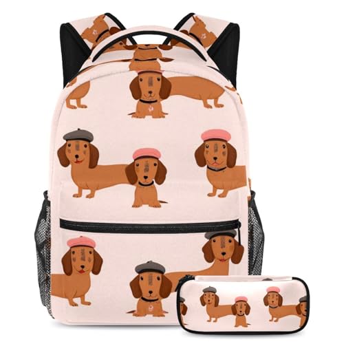VAPOKF Dachshunds Wear Baskenmützen-Schulranzen-Set für Teenager, Mädchen, Jungen, Kinder, Schüler-Büchertasche, Rucksack mit Federmäppchen für die Grundschule von VAPOKF