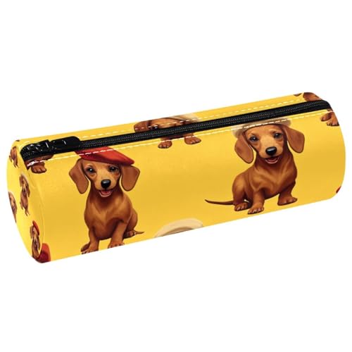 VAPOKF Dackel Wear Baskenmütze, Leder, Federmappe, Münzbörse, Kosmetiktasche, Make-up-Tasche für Studenten, Schreibwaren, Schule, Büro, Aufbewahrung von VAPOKF