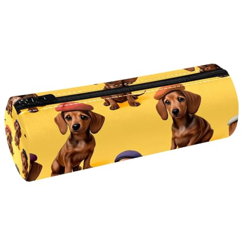 VAPOKF Dackel Wear Bunte Baskenmütze, Lederfässer, Stifteetui, Münzbörse, Kosmetiktasche, Make-up-Tasche für Studenten, Schreibwaren, Schule, Büro, Aufbewahrung von VAPOKF