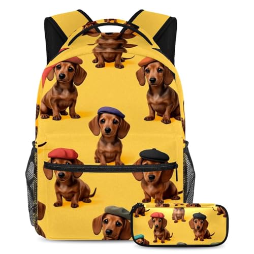 VAPOKF Dackel Wear Bunte Baskenmützen-Schulranzen-Set für Teenager, Mädchen, Jungen, Kinder, Schüler-Büchertasche, Rucksack mit Federmäppchen für die Grundschule von VAPOKF