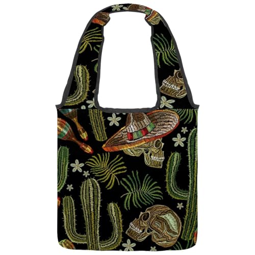 VAPOKF Damen Schultertasche mit Stickerei, Hut, Totenkopf, Kaktus, Leinen, große wiederverwendbare Tragetasche, Schultertasche für Schule, Arbeit, Büro, Reisen, Einkaufen, Freizeit VAPOKF Damen Schultertasche mit Stickerei, Hut, Totenkopf, Kaktus, Leinen, große wiederverwendbare Tragetasche, Schultertasche für Schule, Arbeit, Büro, Reisen, Einkaufen, Freizeit von VAPOKF