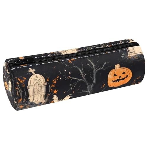 VAPOKF Dead Tree Graves Pumpkin Bats Leather Barrel Pen Pencil Case Coin Purse Cosmetic Makeup Bag for Student Stationery School Office Storage von VAPOKF