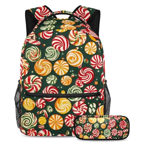 VAPOKF Farbenfrohes Weihnachts-Süßigkeiten-Schultaschen-Set für Teenager, Mädchen, Jungen, Kinder, Schüler-Büchertasche, Rucksack mit Federmäppchen für die Grundschule, multi, Einheitsgröße von VAPOKF