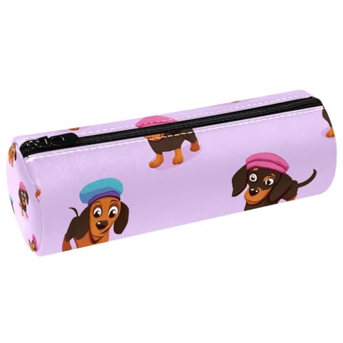 VAPOKF Federmäppchen, Dackel, Hunde mit Baskenmütze, Leder, Stifteetui, Münzbörse, Kosmetiktasche, Make-up-Tasche für Studenten, Schreibwaren, Schule, Büro, Aufbewahrung von VAPOKF