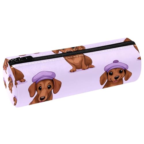 VAPOKF Federmäppchen, Dackel-Hund mit lila Baskenmütze, Leder, Stifteetui, Münzbörse, Kosmetiktasche, Make-up-Tasche für Studenten, Schreibwaren, Schule, Büro, Aufbewahrung von VAPOKF