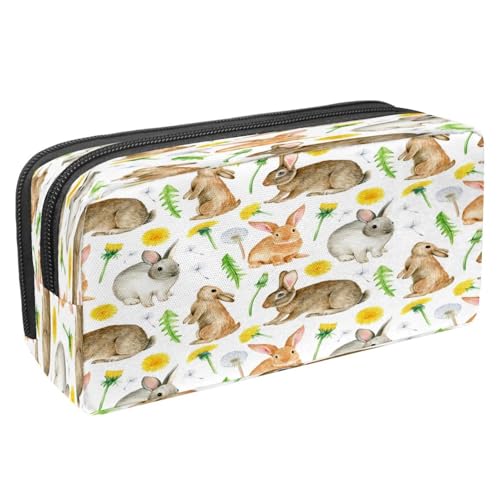 VAPOKF Federmäppchen, Federmäppchen, Schreibwaren-Tasche mit Reißverschluss, für Jungen und Mädchen, Schul- und Bürobedarf, Aquarell-Kuh, grasend auf Gras, Hasen Frühling Löwenzahn Gelb Chrysantheme, von VAPOKF