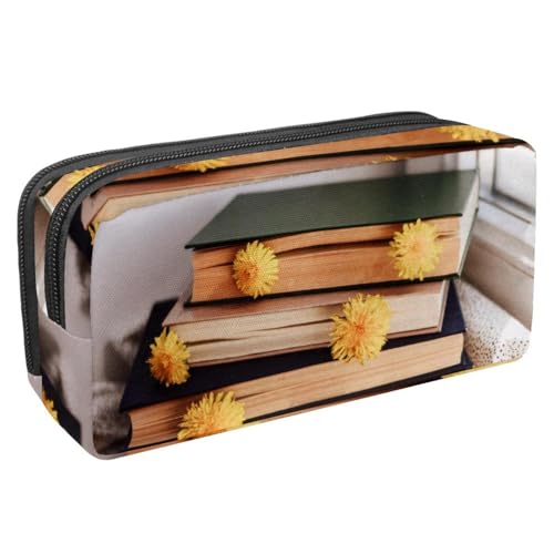 VAPOKF Federmäppchen, Federmäppchen, Schüler-Schreibwaren-Tasche für Teenager, Jungen, Mädchen, Schule, Bürobedarf – Bücher und Gänseblümchen auf dem Schreibtisch, multi, 2.3x8.2x3.9in/6x21x10cm, von VAPOKF