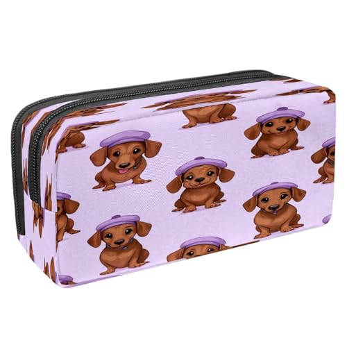 VAPOKF Federmäppchen, Federmäppchen, Schüler-Schreibwaren-Tasche für Teenager, Jungen, Mädchen, Schule, Bürobedarf – Dackel-Hund mit violetter Baskenmütze von VAPOKF