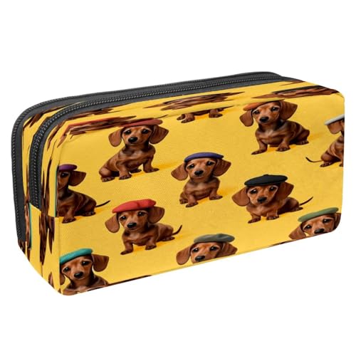 VAPOKF Federmäppchen, Federmäppchen, Schüler-Schreibwaren-Tasche für Teenager, Jungen, Mädchen, Schule, Bürobedarf – Dackel tragen bunte Baskenmützen von VAPOKF