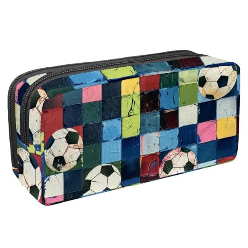 VAPOKF Federmäppchen, Federmäppchen, Schüler-Schreibwaren-Tasche für Teenager, Jungen, Mädchen, Schule, Bürobedarf – Fußball auf buntem Quadrat kariert, multi, 2.3x8.2x3.9in/6x21x10cm, von VAPOKF