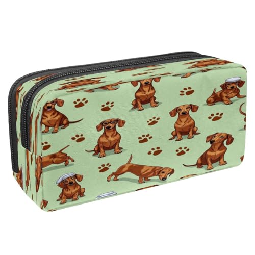 VAPOKF Federmäppchen, Federmäppchen, Schüler-Schreibwaren-Tasche für Teenager, Jungen, Mädchen, Schule, Bürobedarf – Pfotenabdrücke Dackel mit Hut von VAPOKF