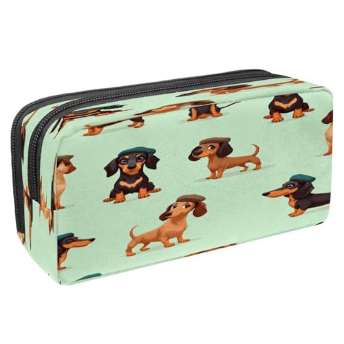 VAPOKF Federmäppchen, Federmäppchen, Schüler-Schreibwaren-Tasche für Teenager, Jungen, Mädchen, Schule, Bürobedarf – niedliche Dackel in Baskenmützen von VAPOKF