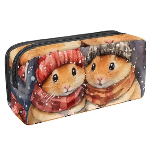 VAPOKF Federmäppchen, Federmäppchen, Schüler-Schreibwaren-Tasche für Teenager, Jungen, Mädchen, Schule, Bürobedarf – zwei Hamster mit Wintermütze, Schal, multi, 2.3x8.2x3.9in/6x21x10cm, von VAPOKF