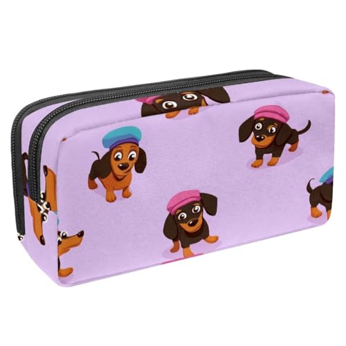 VAPOKF Federmäppchen, Federmäppchen, Schüler-Schreibwaren-Tasche mit Reißverschluss, für Jungen und Mädchen, Schul- und Bürobedarf, Dackel, Hunde mit Baskenmützen von VAPOKF