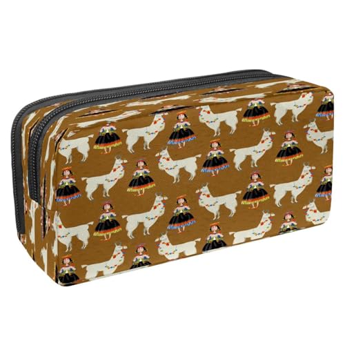 VAPOKF Federmäppchen, Federmäppchen, Schüler-Schreibwaren-Tasche mit Reißverschluss, für Jungen und Mädchen, Schul- und Bürobedarf, Leopardengesicht und Hautstruktur, Lama Alpaka und Peruanische Frau von VAPOKF