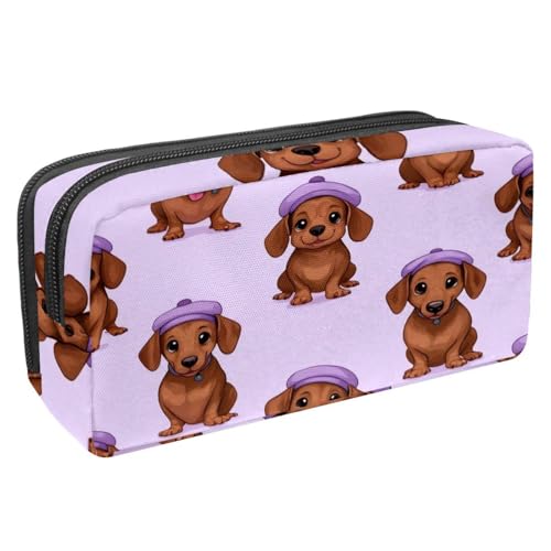VAPOKF Federmäppchen, Stiftetasche, Schüler-Schreibwaren-Tasche mit Reißverschluss, für Jungen und Mädchen, Schul- und Bürobedarf, Dackel-Hund mit violetter Baskenmütze von VAPOKF