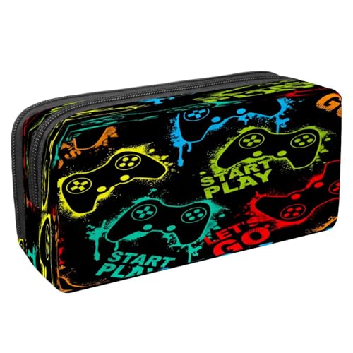 VAPOKF Federmäppchen, Stifttasche, Schüler-Schreibwaren-Tasche mit Reißverschluss, für Jungen und Mädchen, Schul- und Bürobedarf, Spiel-Joystick auf rotem Grunge-Hintergrund, Bunte von VAPOKF