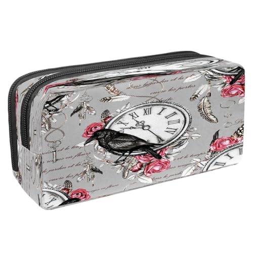 VAPOKF Federmäppchen, Stifttasche, Schüler-Schreibwaren-Tasche mit Reißverschluss, für Jungen und Mädchen, Schul- und Bürobedarf, Wecker-Muster, Schwarze Krähe, rosa Rosenfedern, Retro-Uhr, VAPOKF Federmäppchen, Stifttasche, Schüler-Schreibwaren-Tasche mit Reißverschluss, für Jungen und Mädchen, Schul- und Bürobedarf, Wecker-Muster, Schwarze Krähe, rosa Rosenfedern, Retro-Uhr, von VAPOKF