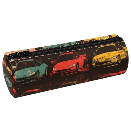 VAPOKF Federmäppchen, bunt, Autos auf Grunge, Leder, Stifteetui, Münzbörse, Kosmetiktasche, Make-up-Tasche für Studenten, Schreibwaren, Schule, Büro, Aufbewahrung von VAPOKF