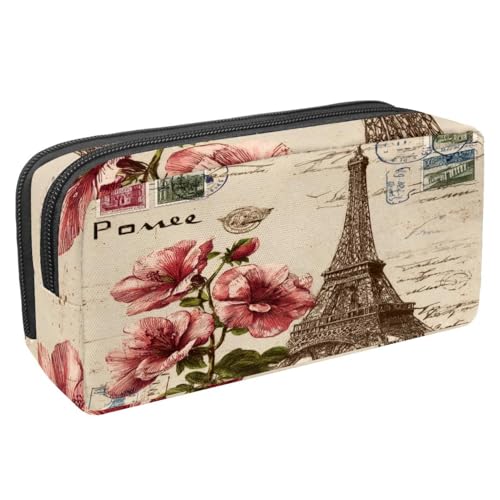 VAPOKF Federmäppchen Stiftetasche Student Schreibwaren Tasche mit Reißverschluss für Jungen Mädchen Schule & Bürobedarf, Vintage Postkarte Paris Turm Blumen von VAPOKF