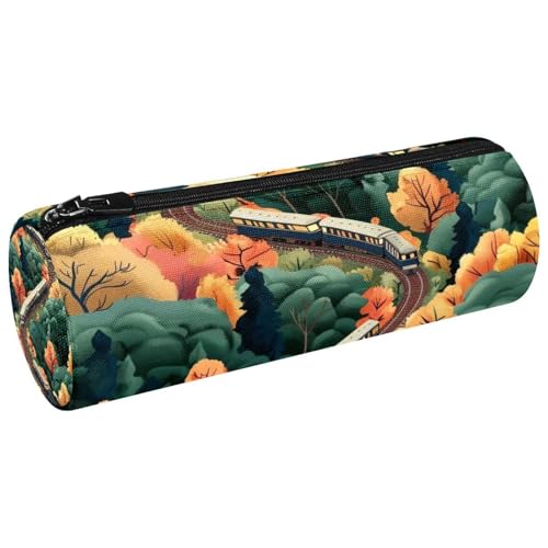 VAPOKF Federmäppchen aus Segeltuch, Motiv: Zug auf der Eisenbahn mit üppigem Baum, Münzgeldbörse, Kosmetiktasche für Studenten, Schreibwaren, Schule, Büro, Aufbewahrung, multi, 20x6.3cm/7.9x2.5in, von VAPOKF