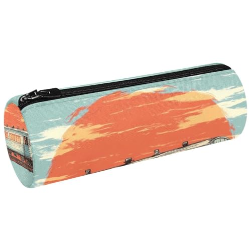 VAPOKF Federmäppchen aus Segeltuch, Retro-Design, Motiv: Zug auf Eisenbahn, Münzfach, Kosmetik, Make-up-Tasche für Studenten, Schreibwaren, Schule, Büro von VAPOKF