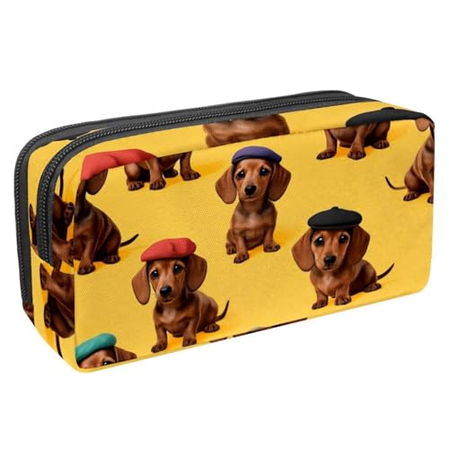 VAPOKF Federmäppchen für Schüler, Schreibwaren-Tasche mit Reißverschluss, für Jungen und Mädchen, Schul- und Bürobedarf, Dackel, bunte Baskenmützen von VAPOKF