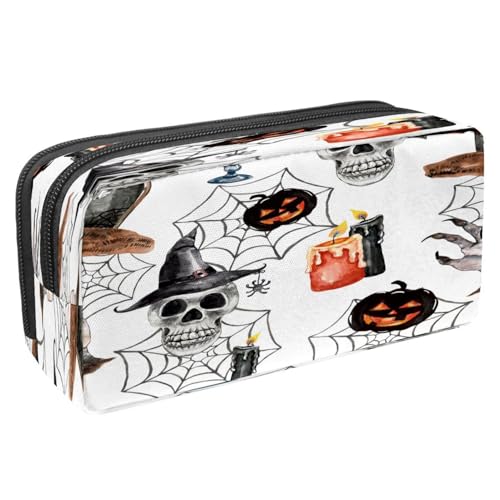 VAPOKF Federmäppchen für Schüler mit Reißverschluss für Jungen und Mädchen, Schul- und Bürobedarf, Hexenhut, Totenkopf und gruselige Handkerze, Kerze in Form eines Totenkopfes mit Hexenhut, von VAPOKF