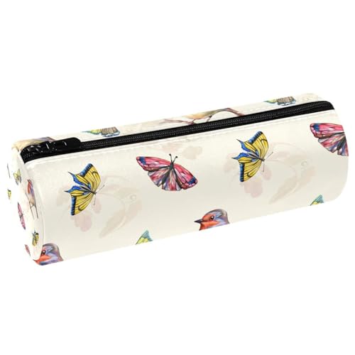 VAPOKF Federmäppchen mit Aquarell-Schmetterling und Vogel auf Ast, PU-Leder, Stiftetasche, Studenten, Schreibwaren, Organizer, Tasche, Make-up-Tasche für Damen, Mädchen, Jungen, Kinder, Schule von VAPOKF