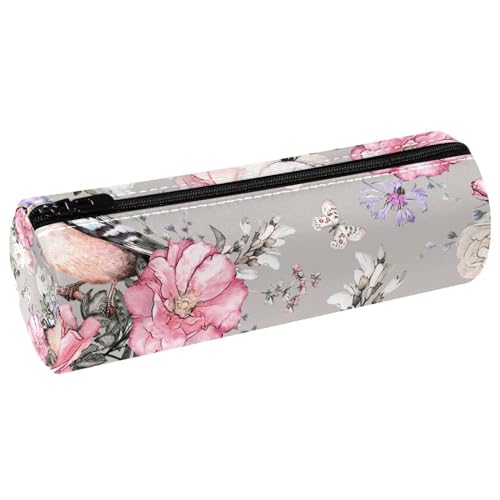 VAPOKF Federmäppchen mit Finken-Vogel-Schmetterling auf rosa weißen Rosen, PU-Leder, Stiftetasche, Studenten, Schreibwaren, Organizer, Tasche, Make-up-Tasche für Damen, Mädchen, Jungen, Kinder, Schule von VAPOKF