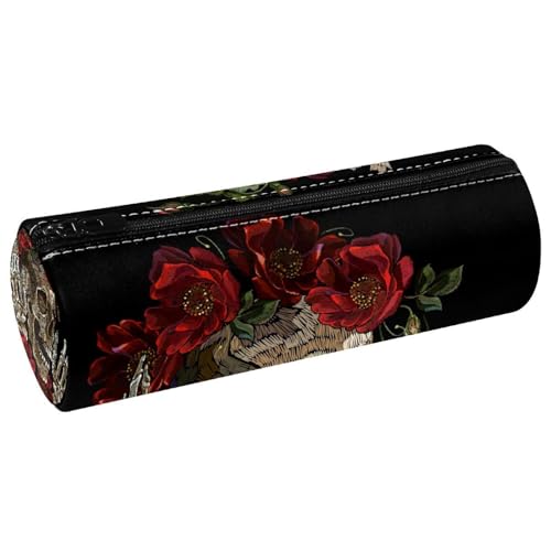 VAPOKF Federmäppchen mit Gothic-Skelett-Händen, Totenkopf- und Wildblumen-Druck, PU-Leder, Stiftetasche, Studenten, Schreibwaren, Organizer, Tasche, Make-up-Tasche für Damen, Mädchen, Jungen, Kinder von VAPOKF