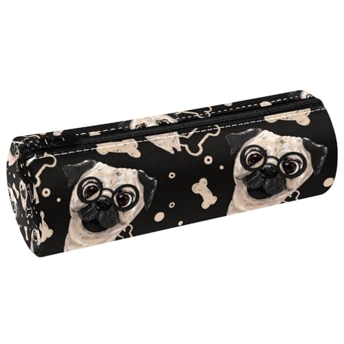 VAPOKF Federmäppchen mit Mops in schwarzer Brille mit Knochen, PU-Leder-Stifttasche, Studenten-Schreibwaren-Organizer-Tasche, Make-up-Tasche für Damen, Mädchen, Jungen, Kinder, Schule, Bürobedarf von VAPOKF