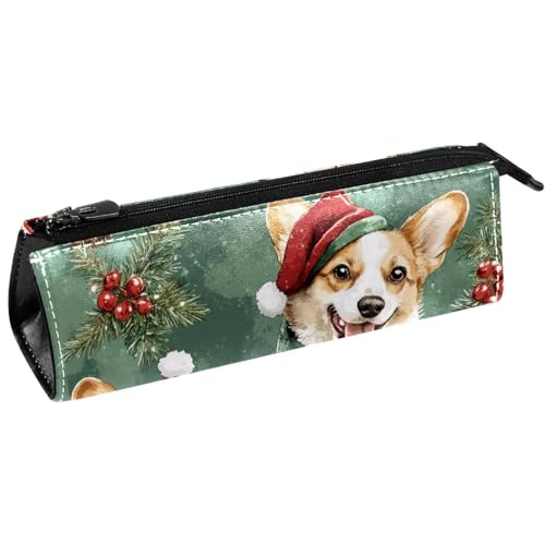 VAPOKF Federmäppchen mit Weihnachtsmannmütze, grüner Schal, Corgi-Hunde, Schreibwaren-Beutel, Kosmetiktasche, kompakte Reißverschlusstasche von VAPOKF