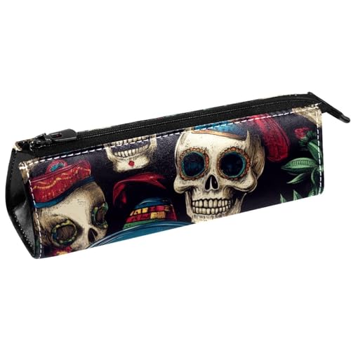 VAPOKF Federmäppchen mit mexikanischem Totenkopf und Hut, Schreibwarenbeutel, Kosmetiktasche, kompakte Reißverschlusstasche von VAPOKF