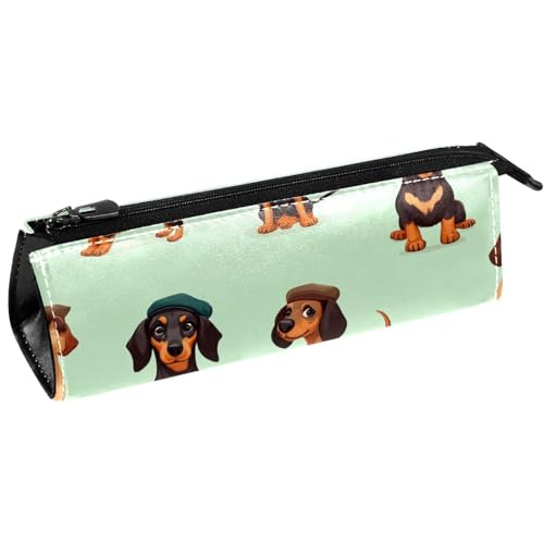 VAPOKF Federmäppchen mit niedlichem Dackel in Baskenmütze, Schreibwaren-Tasche, Kosmetiktasche, kompakte Reißverschlusstasche von VAPOKF