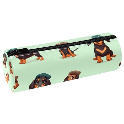 VAPOKF Federmäppchen mit niedlichem Dackel in Baskenmützen, Lederfass für Stifte, Münzen, Kosmetik, Make-up-Tasche für Studenten, Schreibwaren, Schule, Büro, Aufbewahrung von VAPOKF
