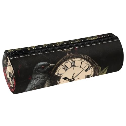 VAPOKF Federmäppchen mit roten Rosen, Totenkopf, schwarze Krähe, PU-Leder, Stifttasche, Schüler, Schreibwaren, Organizer, Tasche, Make-up-Tasche für Damen, Mädchen, Jungen, Kinder, Schule, Bürobedarf von VAPOKF