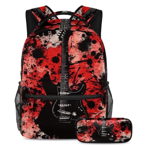 VAPOKF Gitarren-on-Grunge-Schulranzen-Set für Teenager, Mädchen, Jungen, Kinder, Schüler-Büchertasche, Rucksack mit Federmäppchen für die Grundschule, Sekundarstufe, Junior High School, Schwarz und von VAPOKF