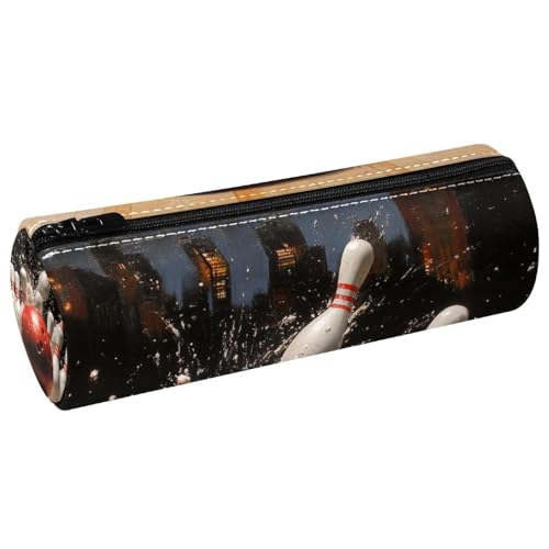 VAPOKF Grunge Bowling Ball Crashing The Pins Leather Barrel Pen Pencil Case Coin Purse Cosmetic Makeup Bag for Student Stationery School Office Storage von VAPOKF