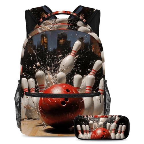 VAPOKF Grunge Bowling Ball Crashing The Pins Schulranzen-Set für Teenager, Mädchen, Jungen, Kinder, Schüler-Büchertasche, Rucksack mit Federmäppchen für Grundschule von VAPOKF